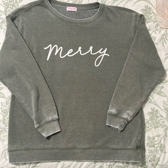 Pink Lily Tops - Pink Lily “Merry” Crewneck Sweatshirt in olive green